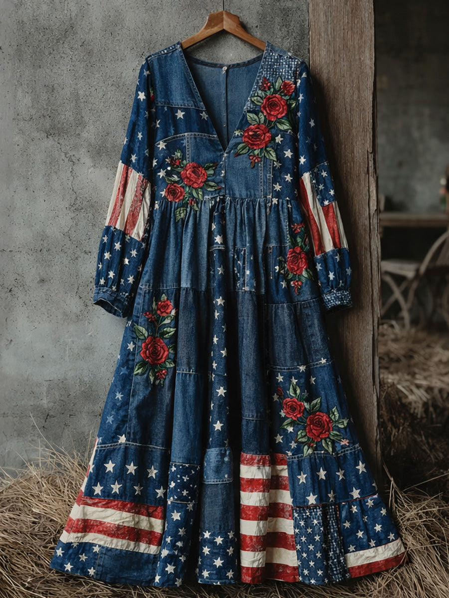 Retro USA Patriotic Flowers Art Print Casual Vintage V-Neck Pocket Long-Sleeve Maxi Dress
